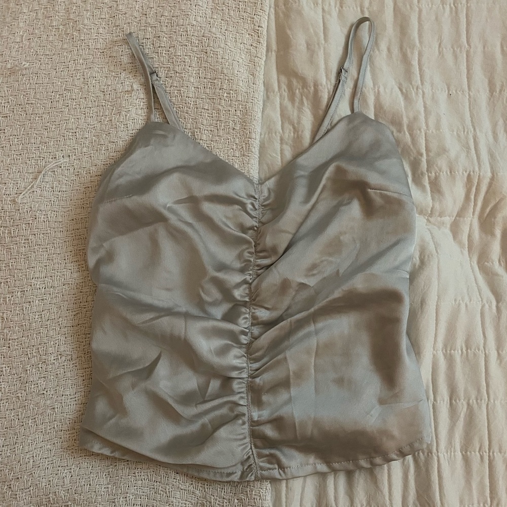 Grey Corset-Style Silk Ribbed Tank Top